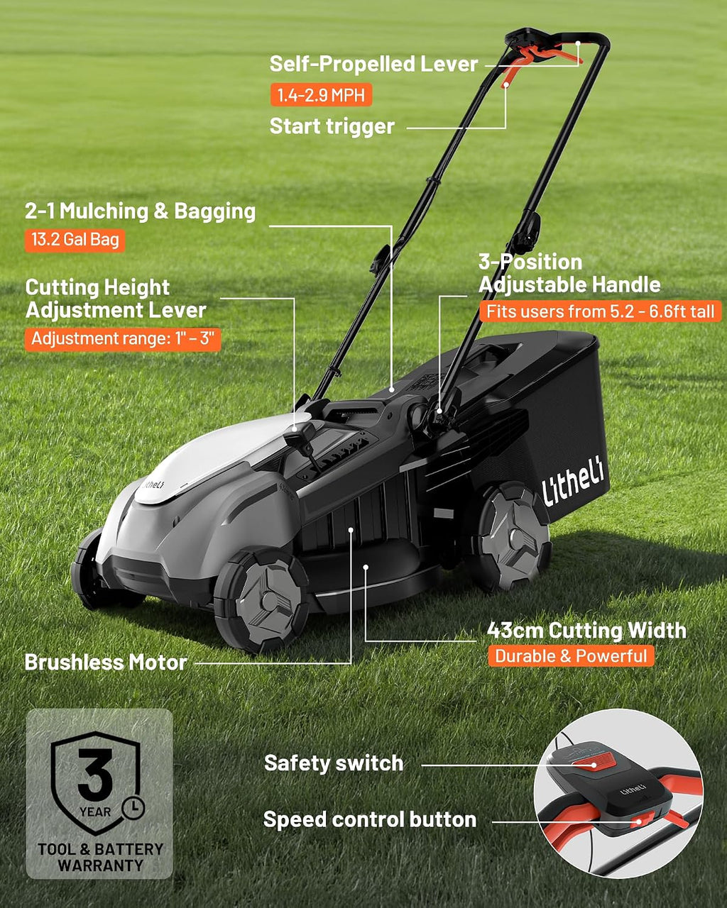 18-inch 40V Self-Propelled Brushless Lawn Mower for Garden Yards, Lightweight Cordless Mower with 6-Position Height