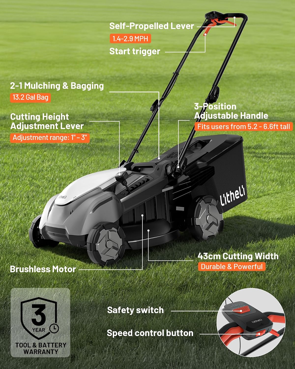 18-inch 40V Self-Propelled Brushless Lawn Mower for Garden Yards, Lightweight Cordless Mower with 6-Position Height