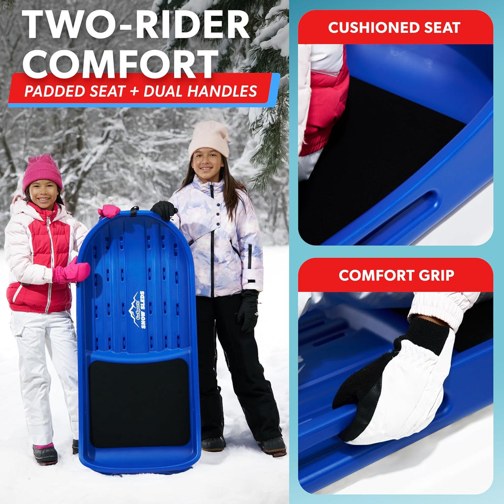 2 Person Premium Snow Sled - Choose Red or Blue - Double Walled Construction, Pull Strap and Padded Seat