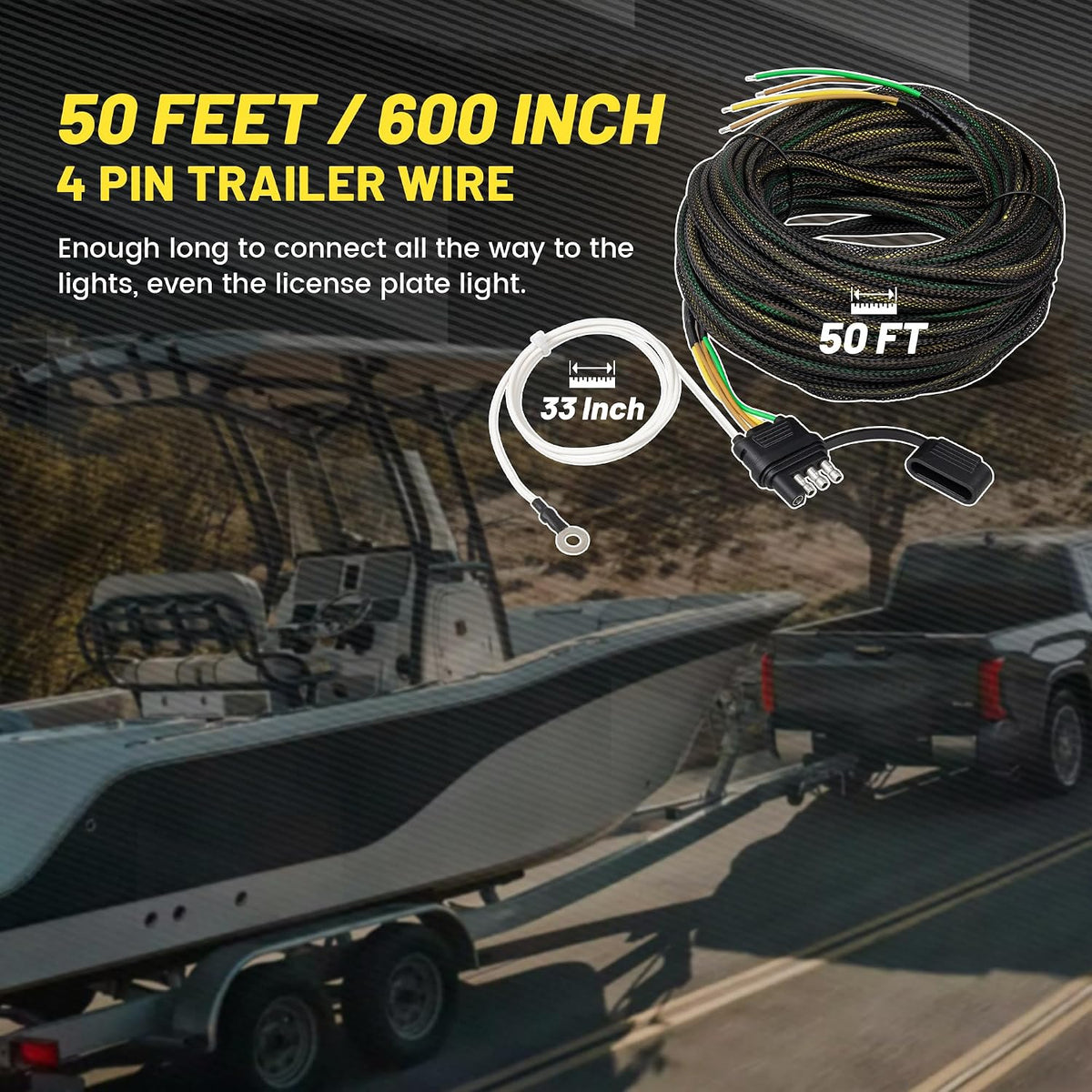4 Pin 5 Wire Trailer Wiring Harness - 50FT for Rewiring Both-Side Taillights, Pure Copper Wish-Bond Trailer Light Kit