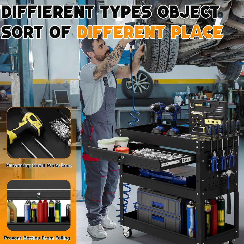 3 Tier Tool Cart on Wheels with Drawers - Three Tier Rolling Cart with Lockable Storage - Mechanic Tool Chest - Tool