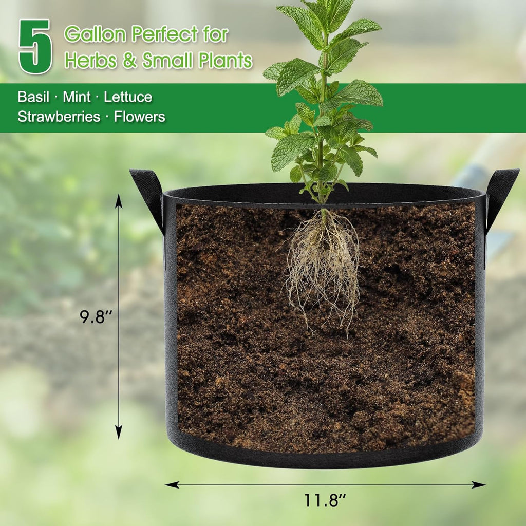 5 Gallon Grow Bags 4 Pack – 300G Non-Woven Thickened Fabric Plant Pots with Reinforced Handles, Breathable Drainage