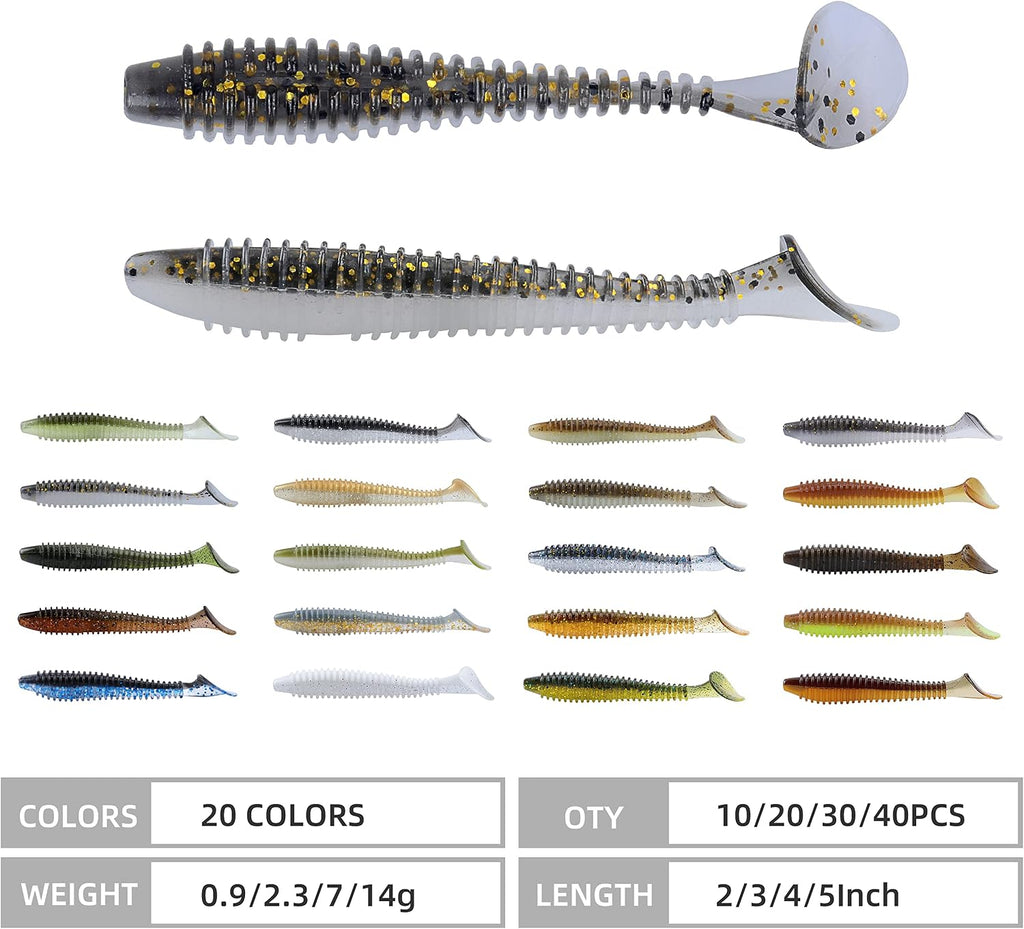 Swimbaits Paddle 10/20/30/40PCS, 5/4/3/2 Inchs Paddle Tail, Soft Lure for Trout Crappie Bass, Durable Plastic Bait