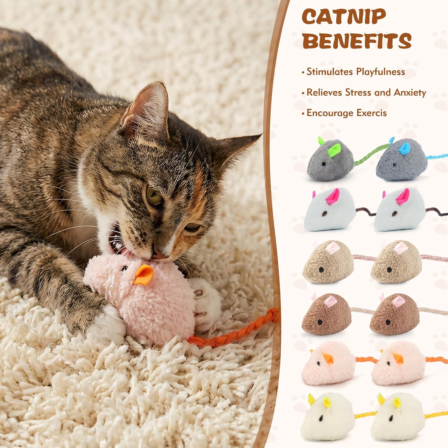 12PCS 2.36 Inch Cat Mice Toys, Prefilled Catnip Plush Catnip Toys, Realistic Design Interactive Cat Mouse Toys for