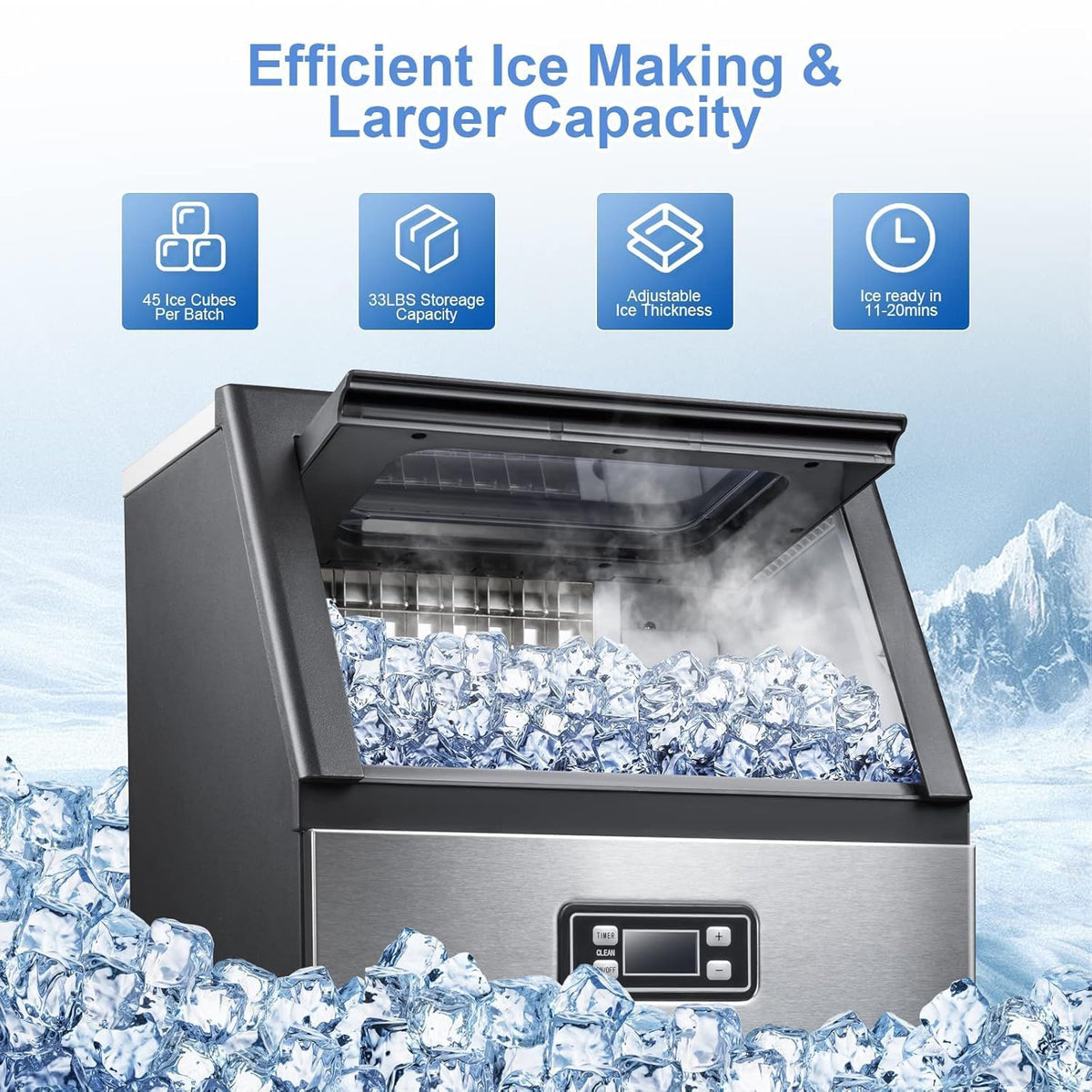 Commercial Ice Machine, 100lbs/24H,45 Cubes/Batch in 11-20 Mins