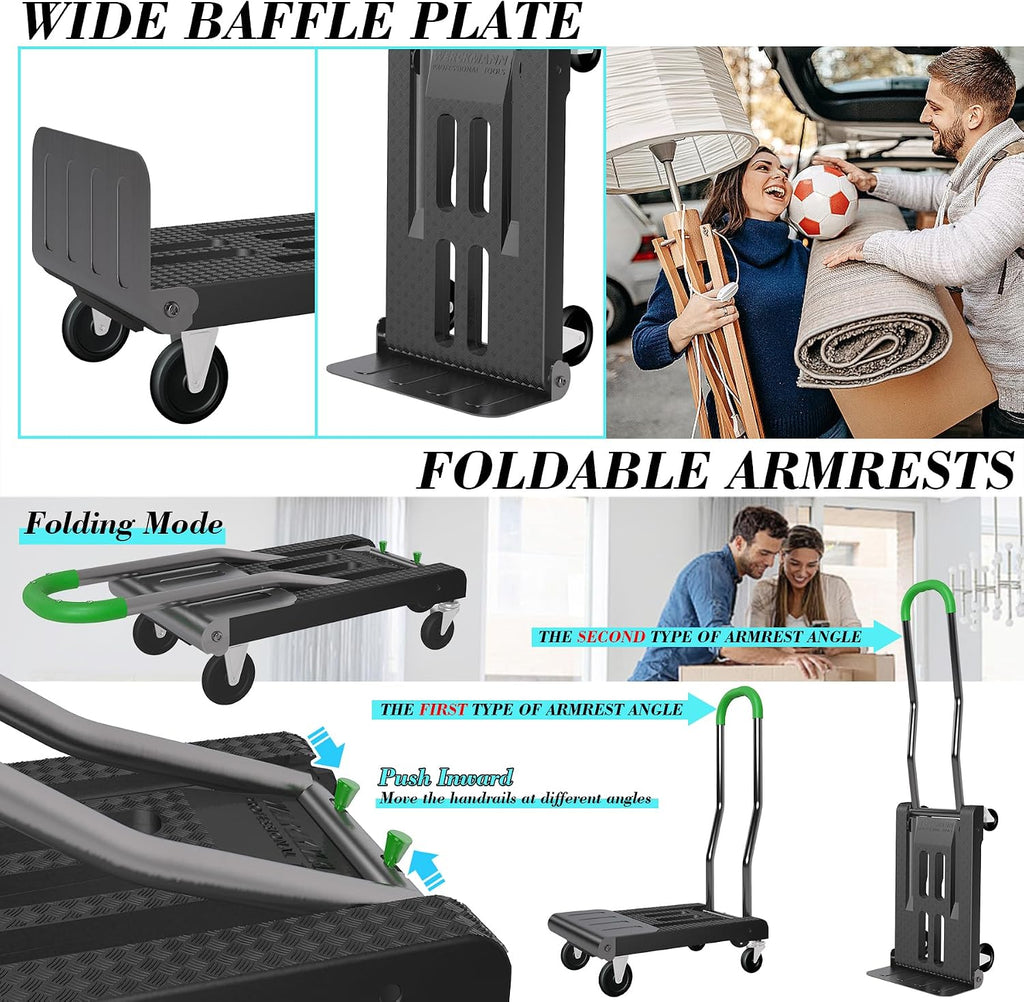 2-in-1 Convertible Hand Truck Dolly, 330LBS Capacity, 4-Wheel & 2-Wheel Modes, One-Button Switch, Foldable