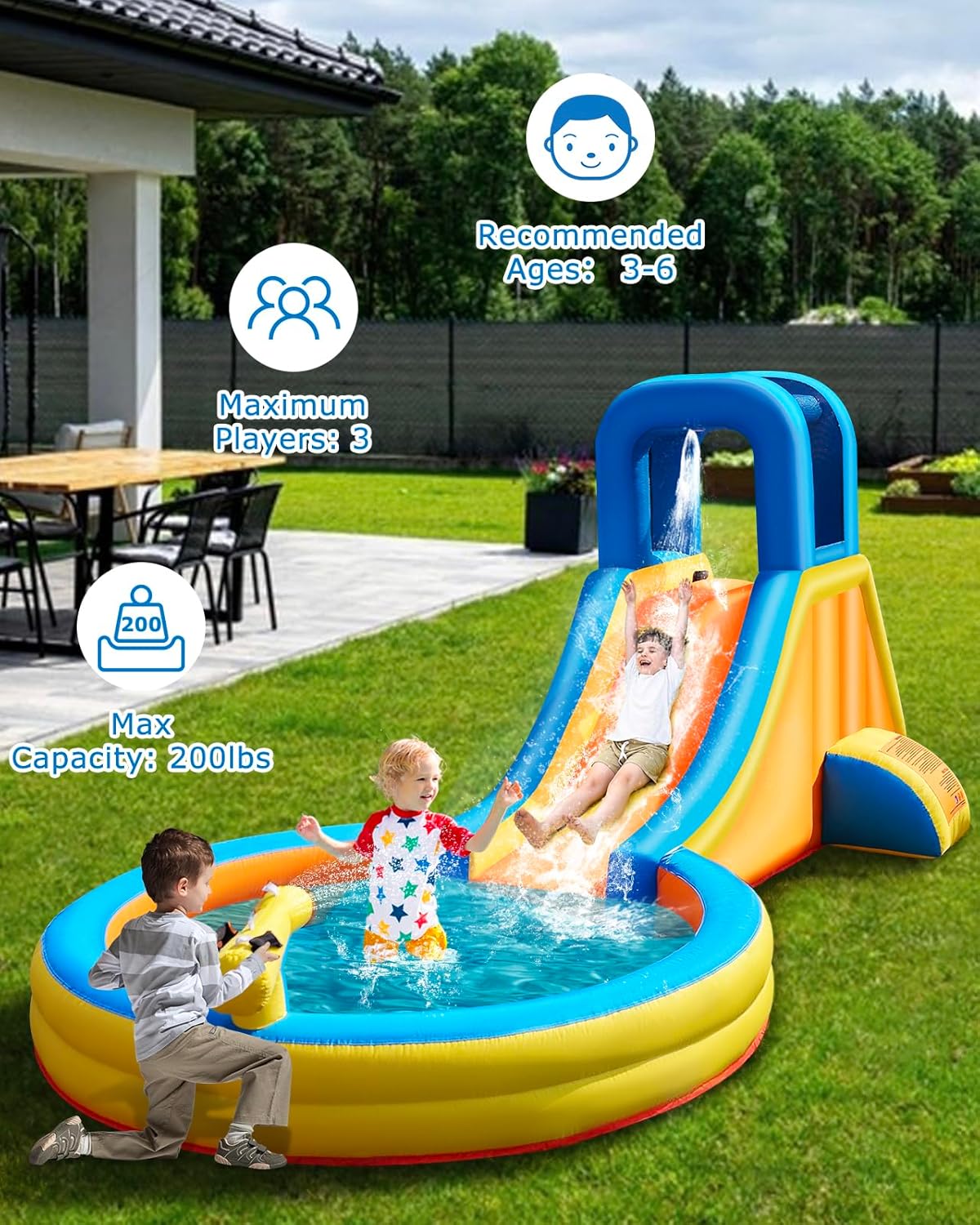 Inflatable Water Slide for Kids – 5-in-1 Blow Up Bounce House with Long Slide, Climbing Wall, Splash Pool, Water