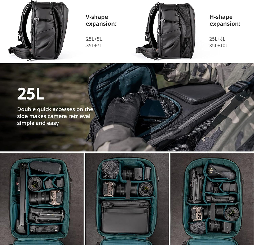 OneMo 2 25L-33L Camera Backpack with Shoulder Bag for Photographer | Waterproof DSLR Camera Pack for