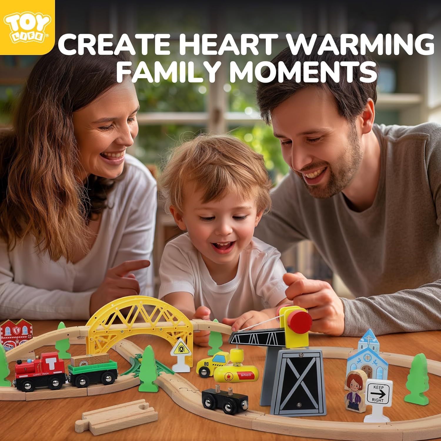 Wooden Train Set with Crane, 60-Pc Track, Boys 3-8 | Magnetic Snap-Together, Fits Thomas Brio Chuggington, Fine-Motor