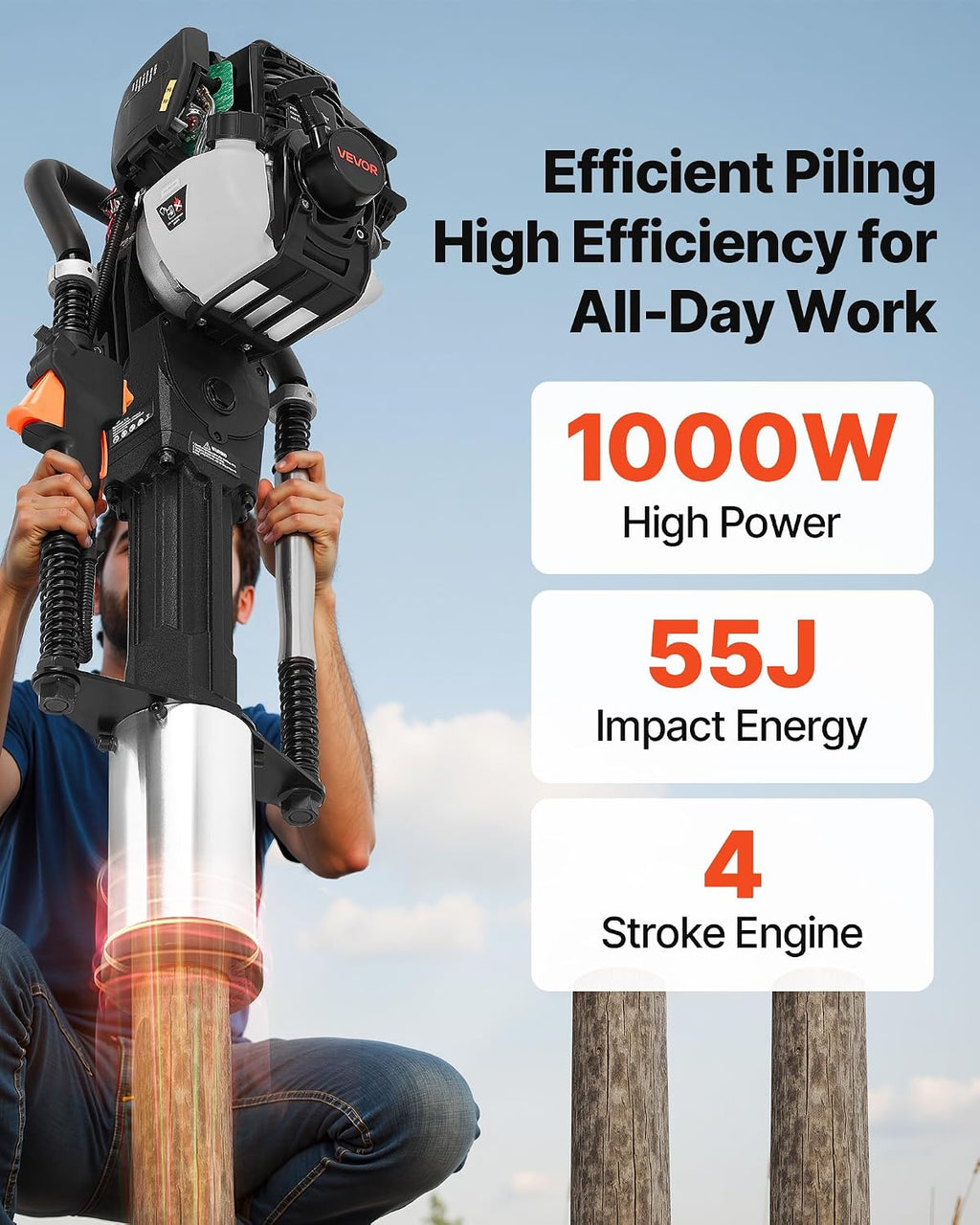 Gas Powered T Post Driver, 37.7cc 4-Stroke Engine Efficient Post Pounder with 3 Piling Sleeves, Vibration-Reducing