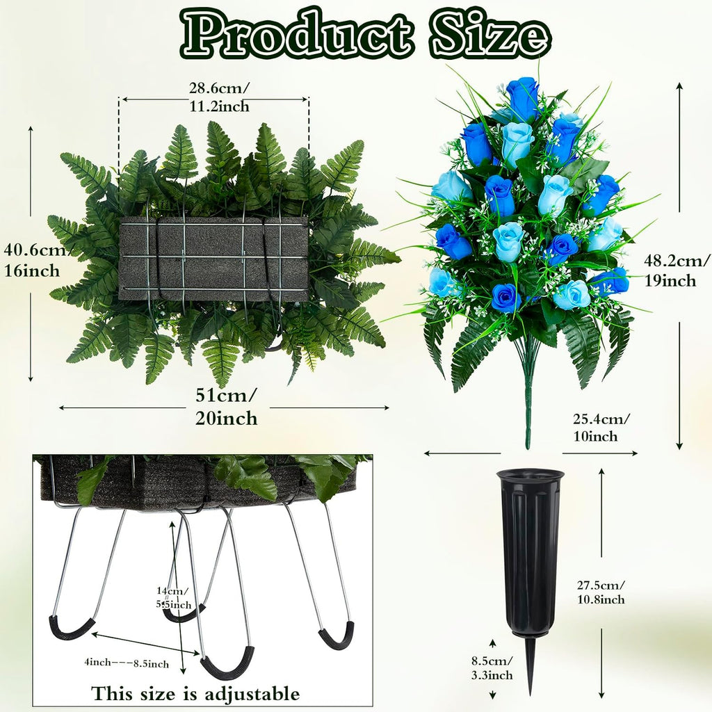 Artificial Cemetery Flowers Saddle, 2 Sets Grave Flowers Rose with Vase, Memorial Headstone Flowers Saddle for