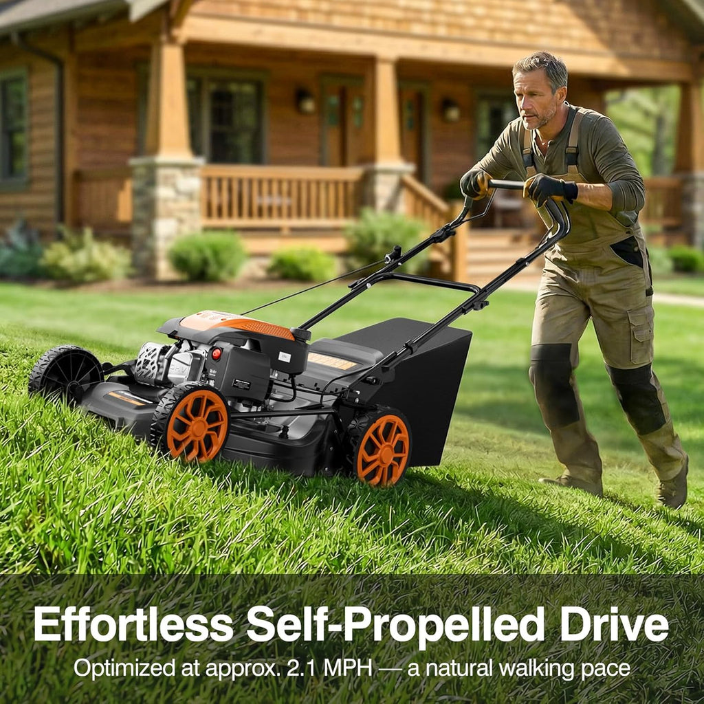 21” Self Propelled Gas Lawn Mower，170CC 4 Stroke Walk-Behind Gas Lawnmower | Mulch/Rear Bag/Side Discharge/Rear
