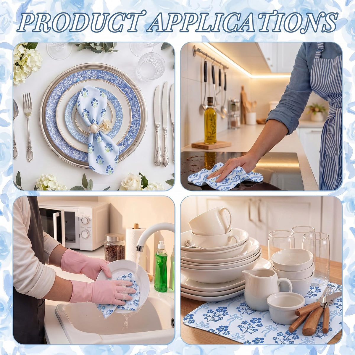24 Pack Reusable Paper Towels Washable Cloths, Blue Floral Print