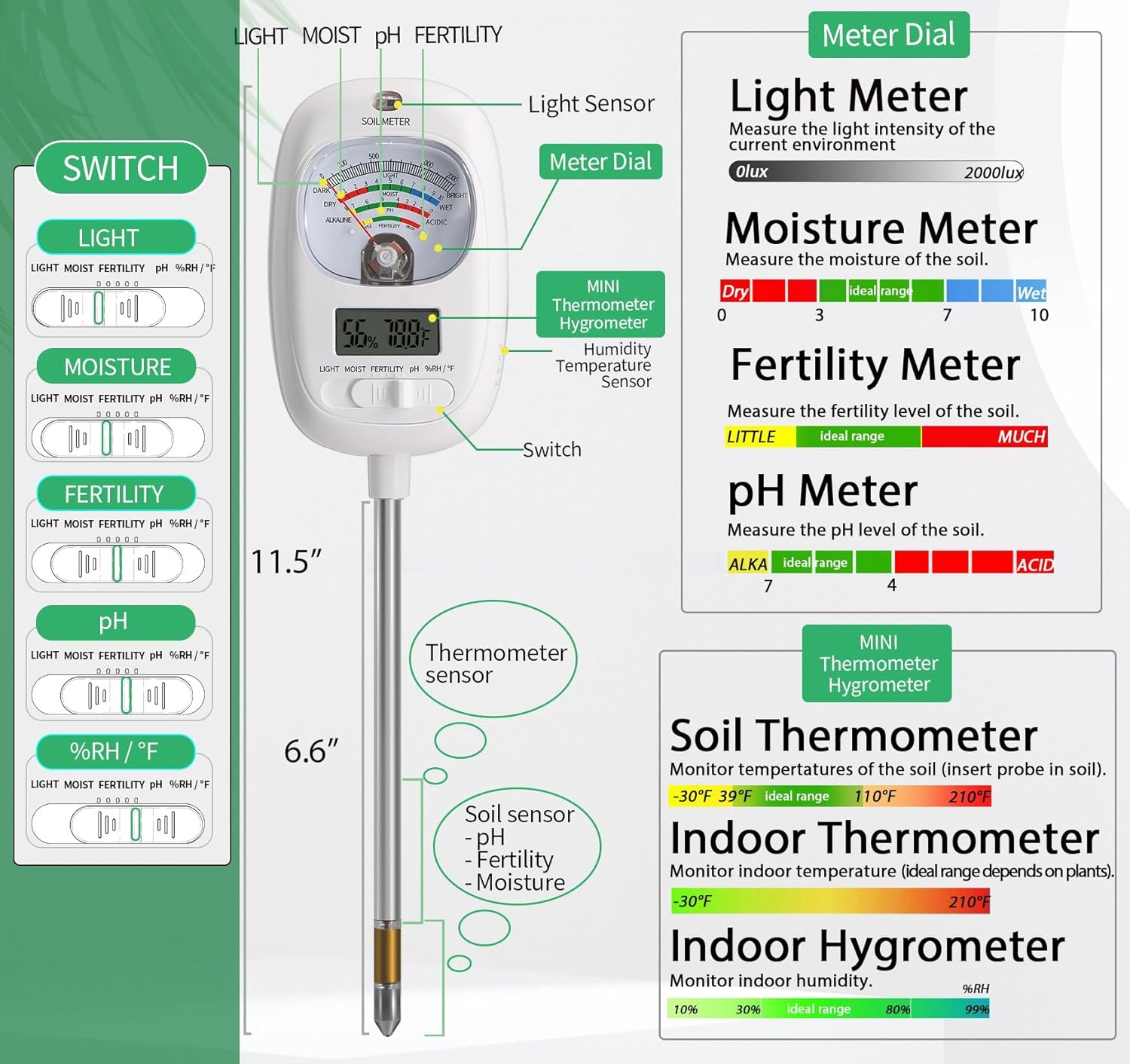 Soil Test Kit, 7-in-One Soil Moisture Meter/Soil PH Meter/Fertility, Dual Screen Soil Tester w/Digital Soil Temp/Air
