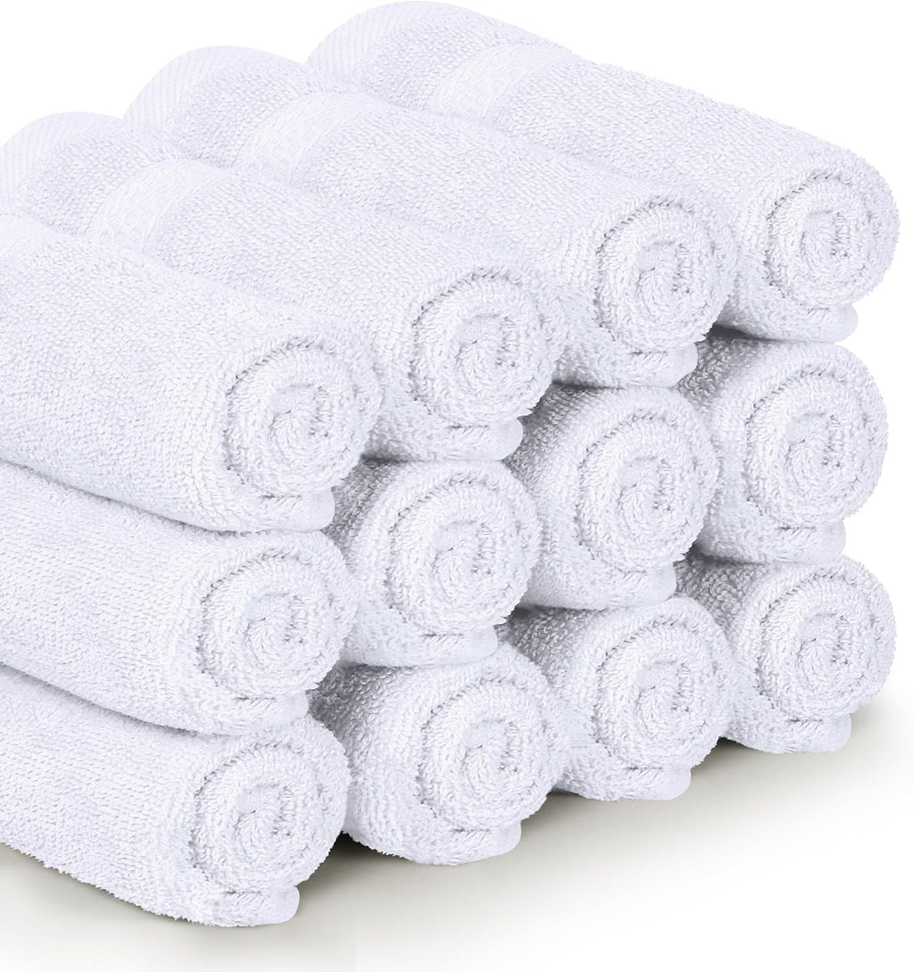 12 Pack Premium Wash Cloths, 12x12 in, 100% Cotton, White | Highly Absorbent Soft Feel Lightweight Washcloths