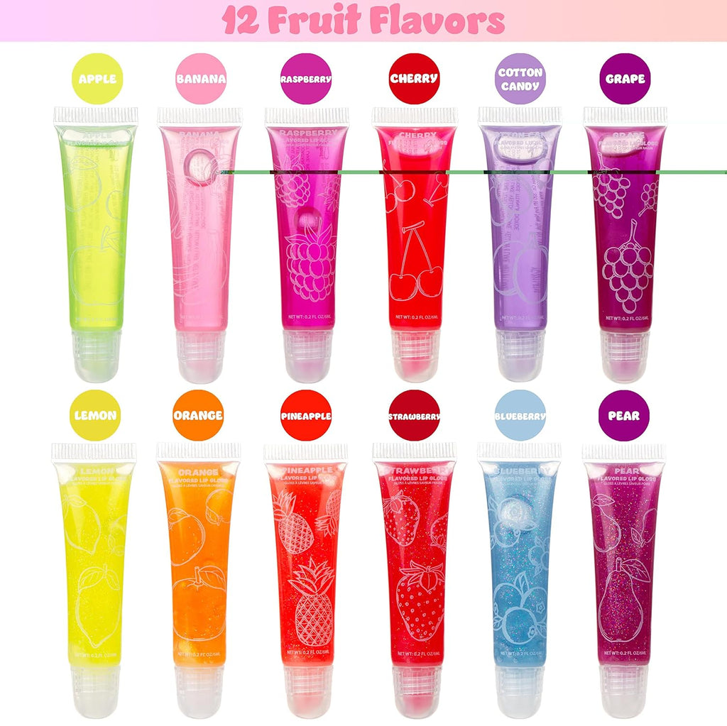 12pc Flavored Lip Gloss Set, Glitter Lip Kit, Fruit Flavored Great Gift