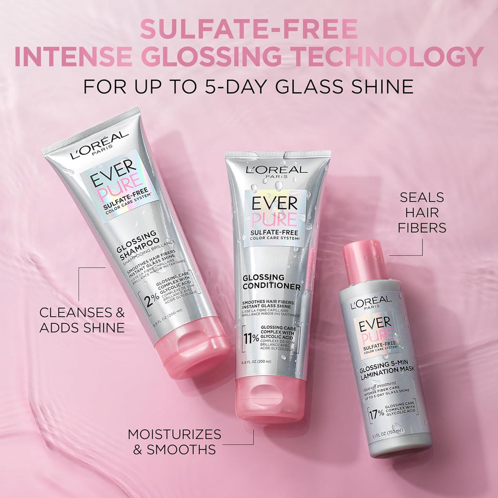 L’Oreal Paris Sulfate Free Glossing Shampoo and Conditioner Set with Glycolic Acid, Provides Intense Glass Shine &