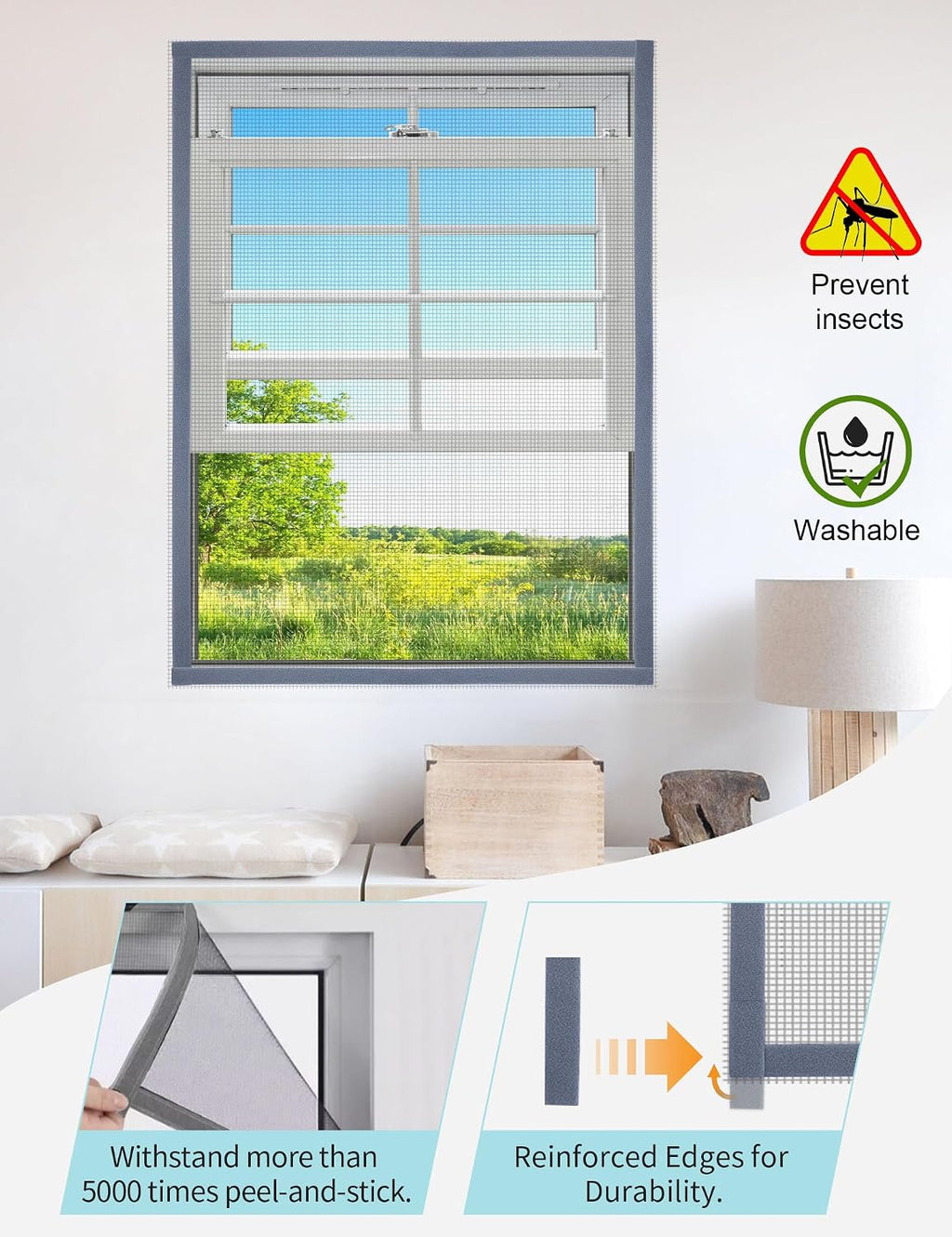 Adjustable Window Screen, Max 39"x 59" Thick Self-Adhesive Mosquito Mesh with Reinforced Edge, DIY Temporary Nylon