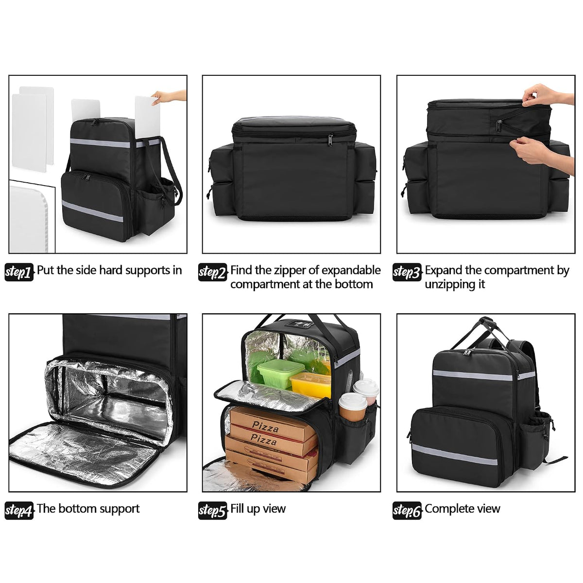 Expandable Food Delivery Backpack with 4 Cups Holder