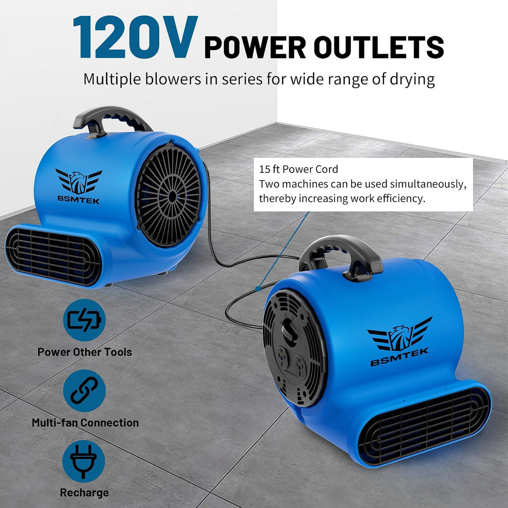 Air Mover Blower Fan, Industrial 1/3HP 1200CFM Monster Floor Blower Carpet Dryers - 3 Speeds Switch, 4 Adjustable
