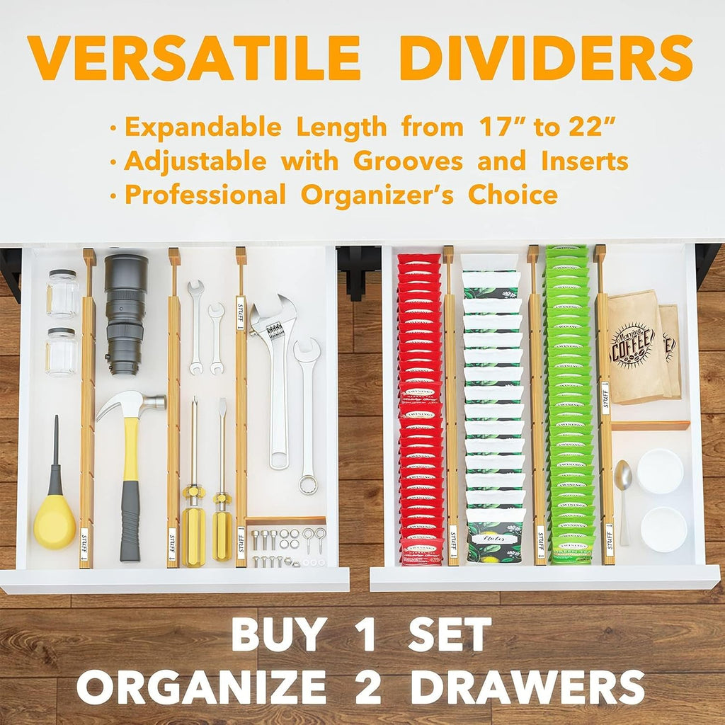 Bamboo Drawer Dividers with Inserts and Labels, Kitchen Adjustable Drawer Organizers, Expandable Organization for