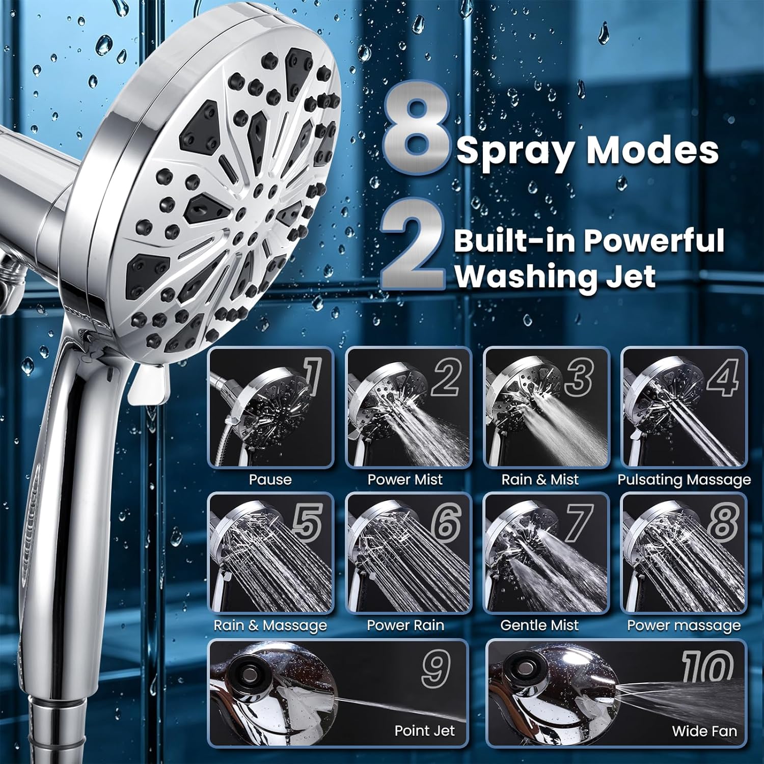 High Pressure Magnetic Shower Head with handheld - Filtered, 10 Spray Modes, 5" Large Face, Power Wash for Bathroom