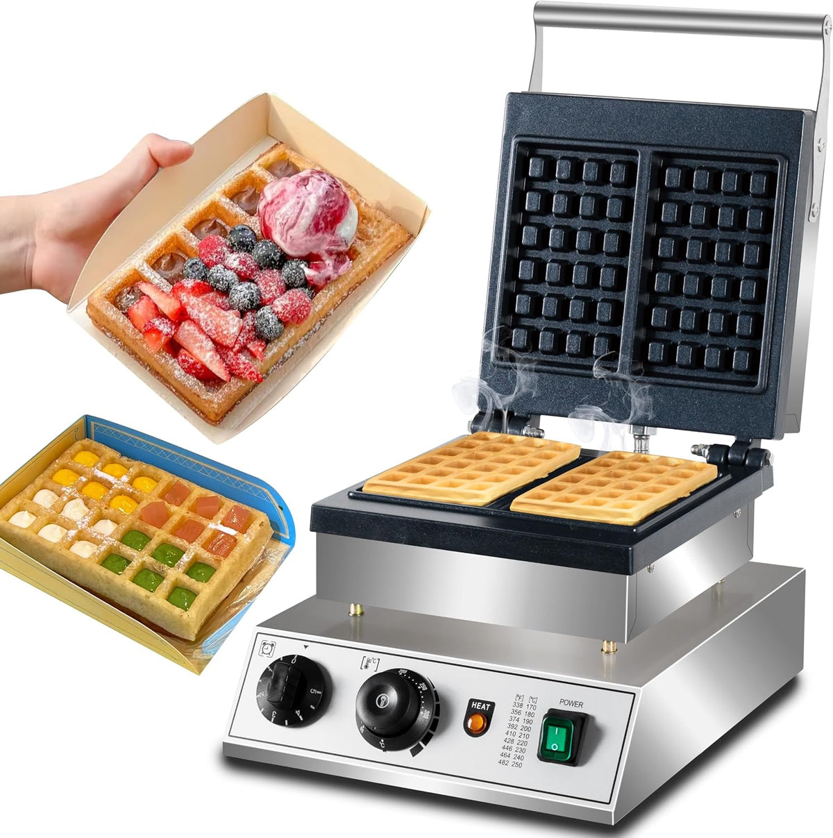 1600W Commercial 2-Slice Rectangular Belgian Waffle Maker