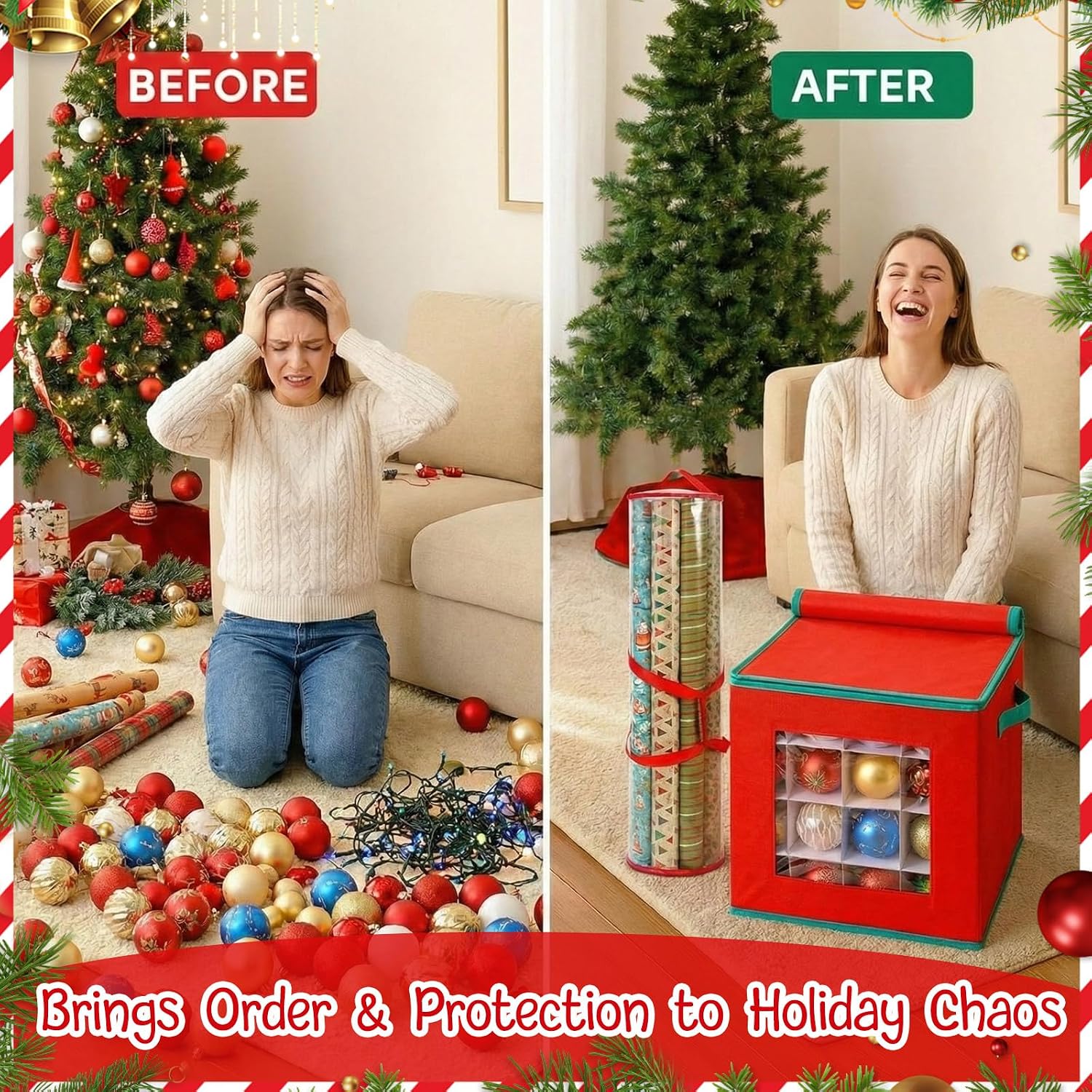 2 Pcs Christmas Ornament Storage Box with Dividers, Dual Zippers up to 3 Inch 64 Ornaments, 31 Inch Gift Wrapping