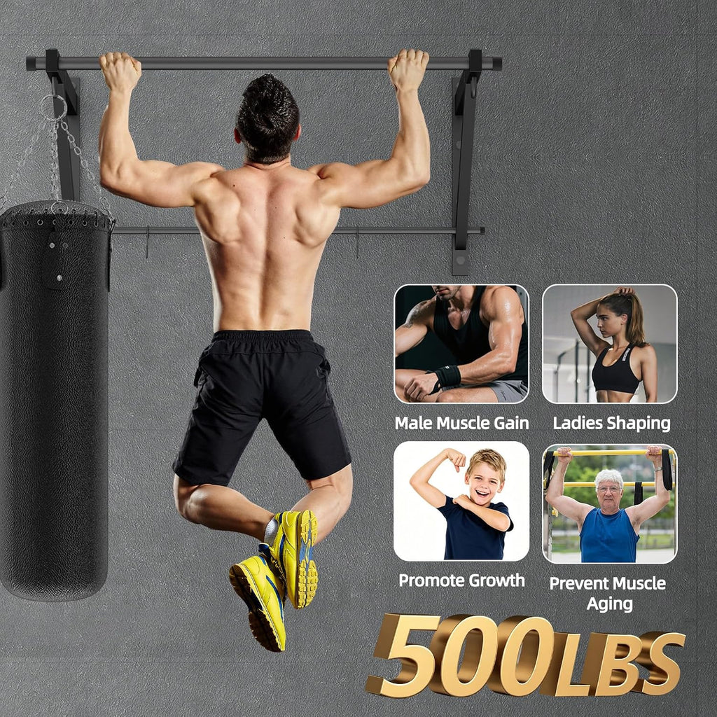 Adjustable Depth Pull Up Bar, Wall & Doorway Mounted Chin Up Bar with Hooks, Thickened Steel Construction, 500LBS