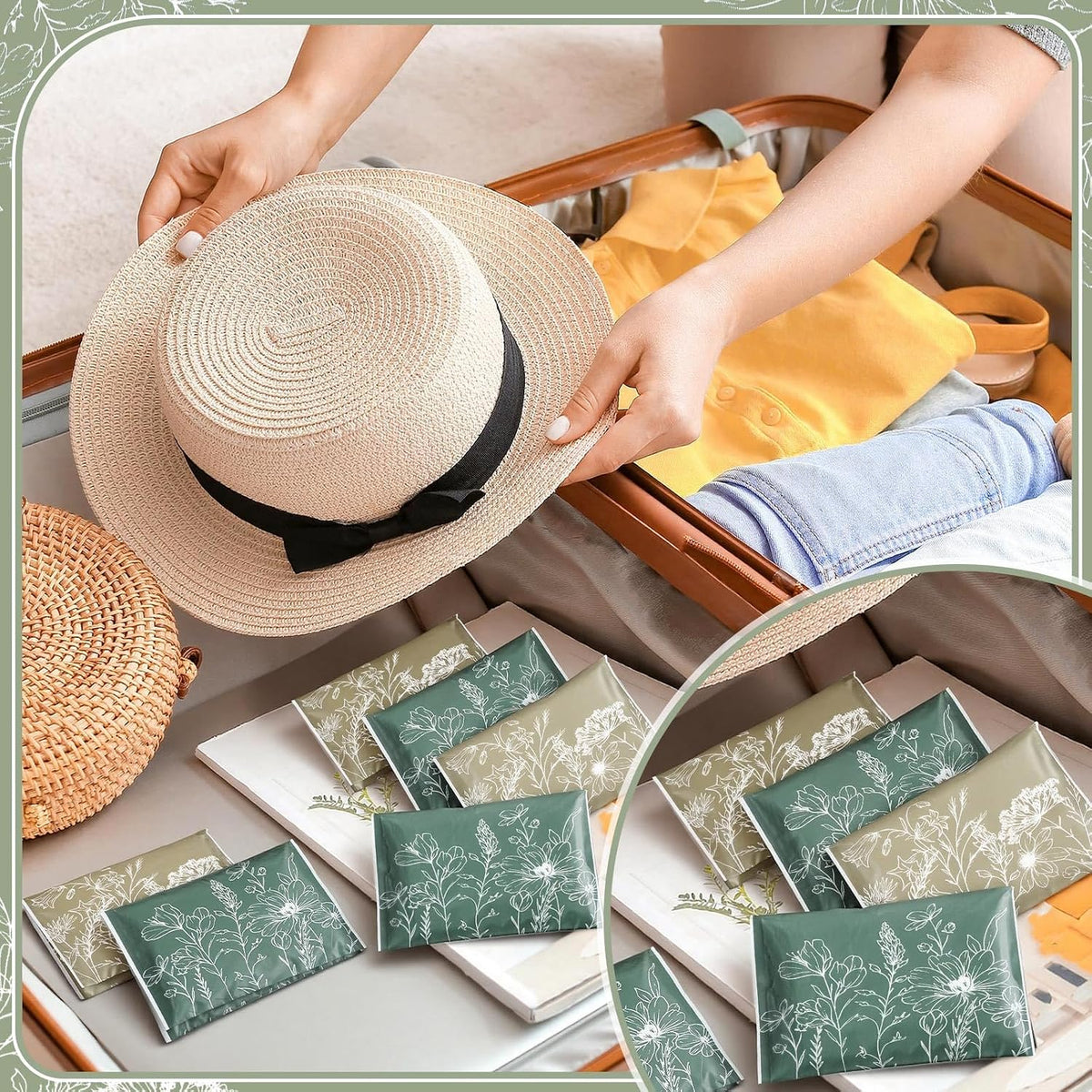 50 Pack Green Floral Pocket Tissues Travel Packs 3 Ply Bulk