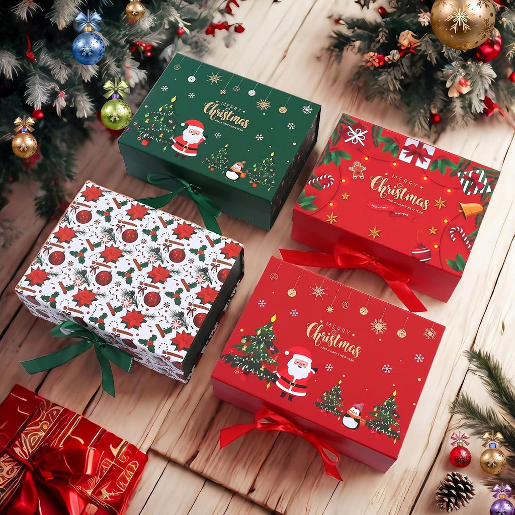 4Pack Christmas Magnetic Gift Boxes, Assorted 4 Different Xmas Designs Foldable Gift Boxes with Ribbons & Christmas