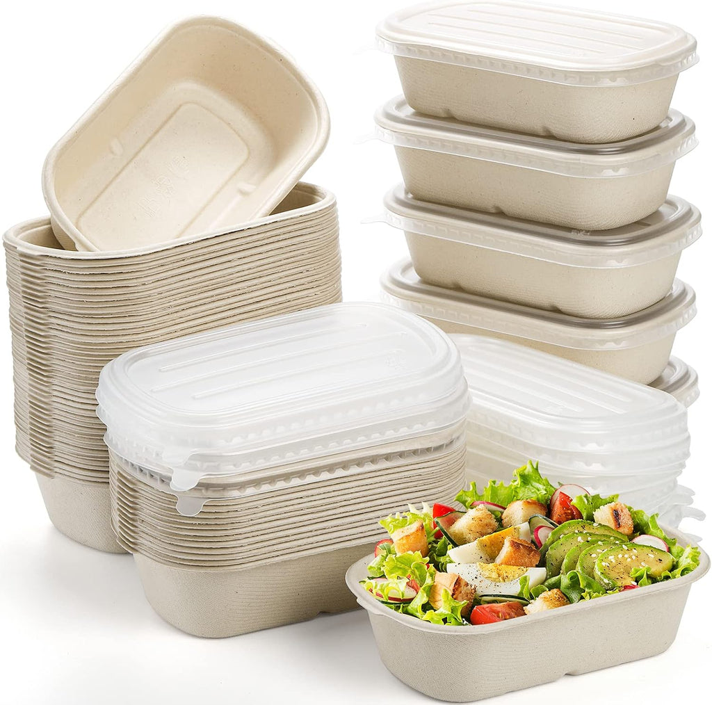 70 Pack Compostable Take Out Food Containers with PP Lid, 23 Oz Bagasse to Go Containers Rectangular Disposable Paper