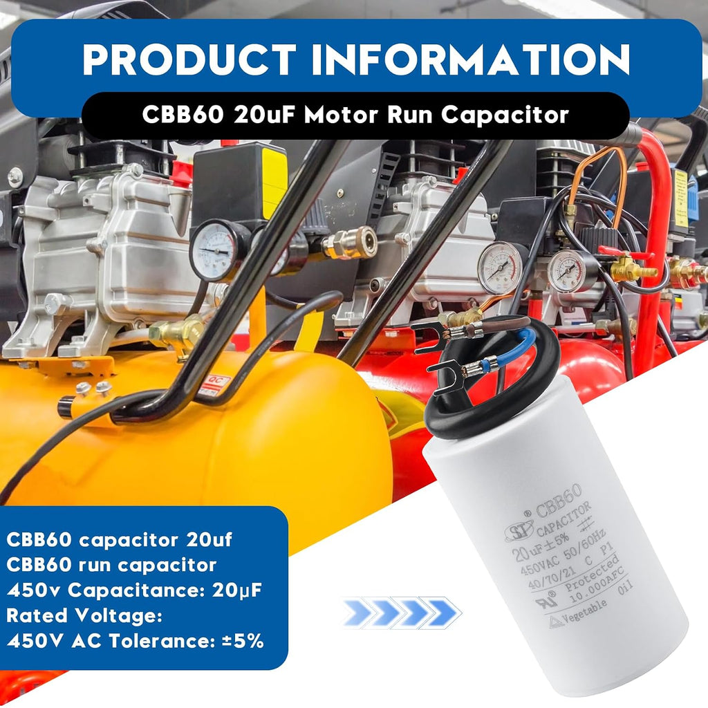 CBB60 20uF Motor Run Capacitor 450 VAC Volts Round Cylinder 2 Leads