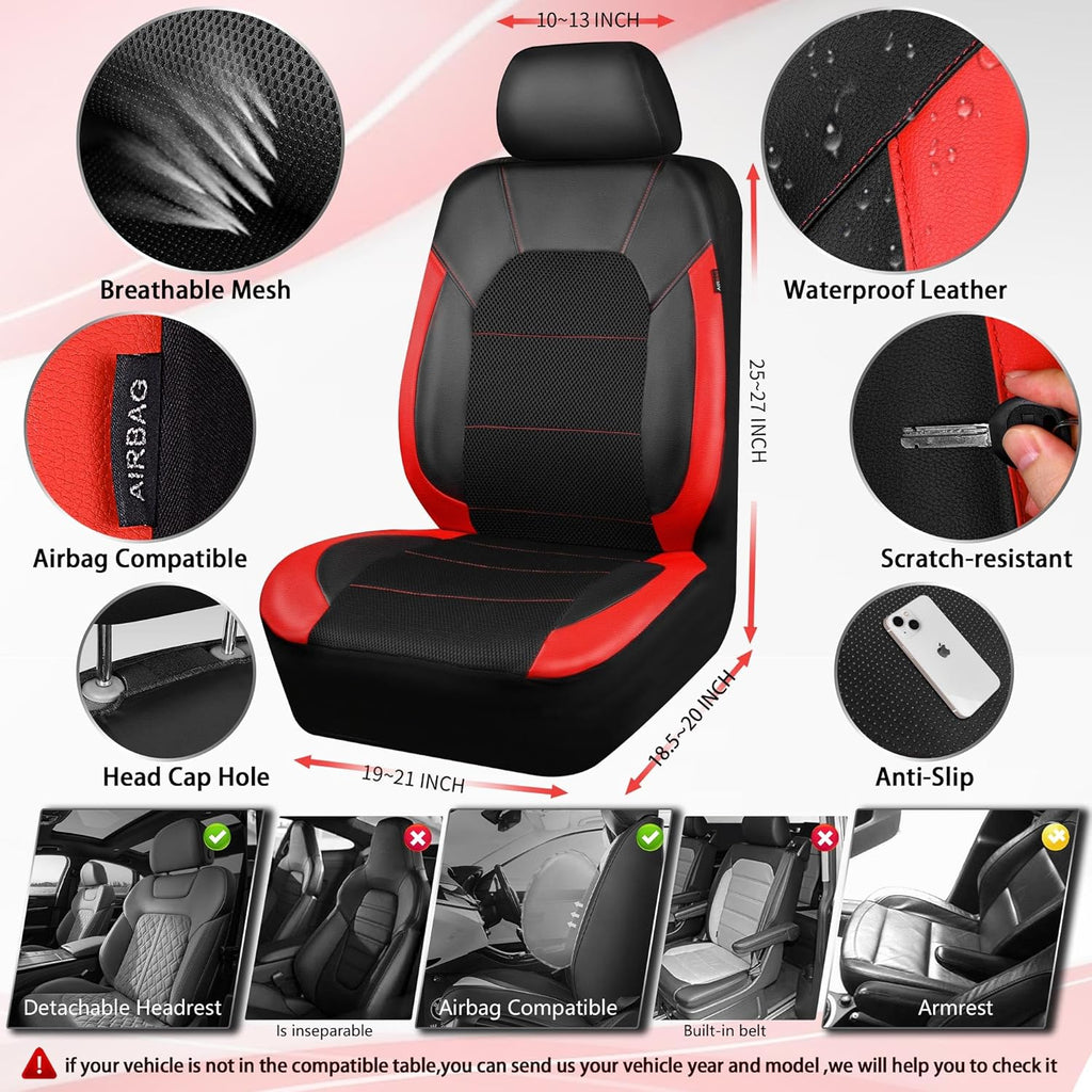Universal Leather car seat Covers Sport fits Most Cars, SUVs, Trucks, and Vans (Full Set, Black Red)