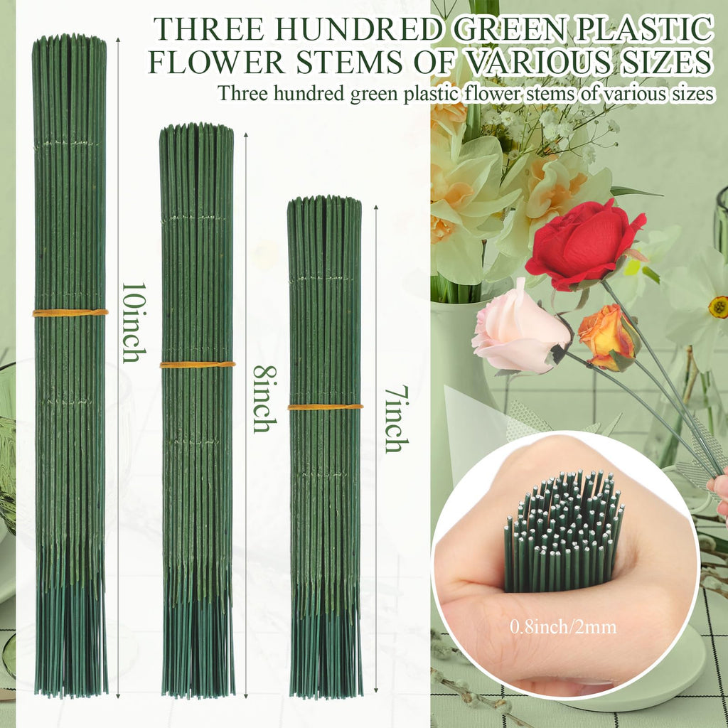 300pcs Artificial Flower Stems 6.7"8"10" Plastic Green Floral Wire