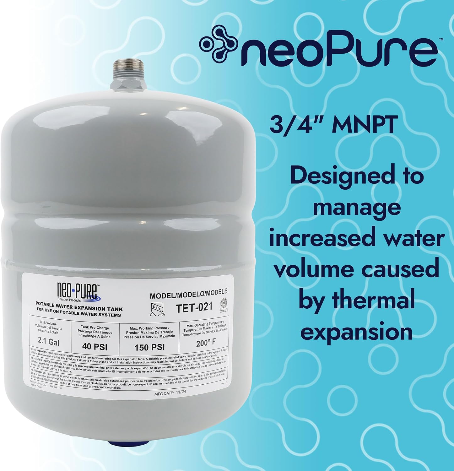 2.1 Gal Thermal Expansion Tank - 3/4" MNPT – Maintains Safe Pressure for Water Heaters with Backflow Preventers