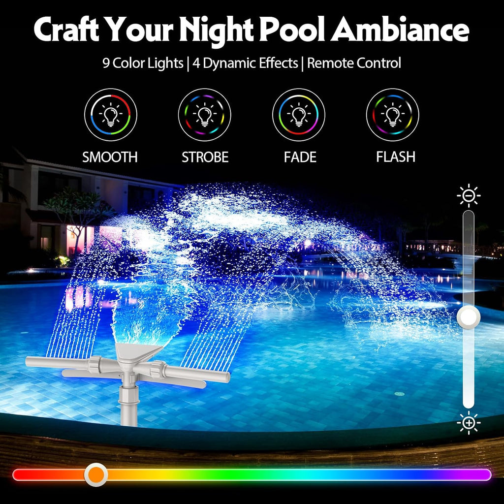 3-in-1 Pool Fountain with Solar 9-Color LED Lights, 360° Adjustable Dual-Head Pool Waterfall Sprinkler, Cooling Spray