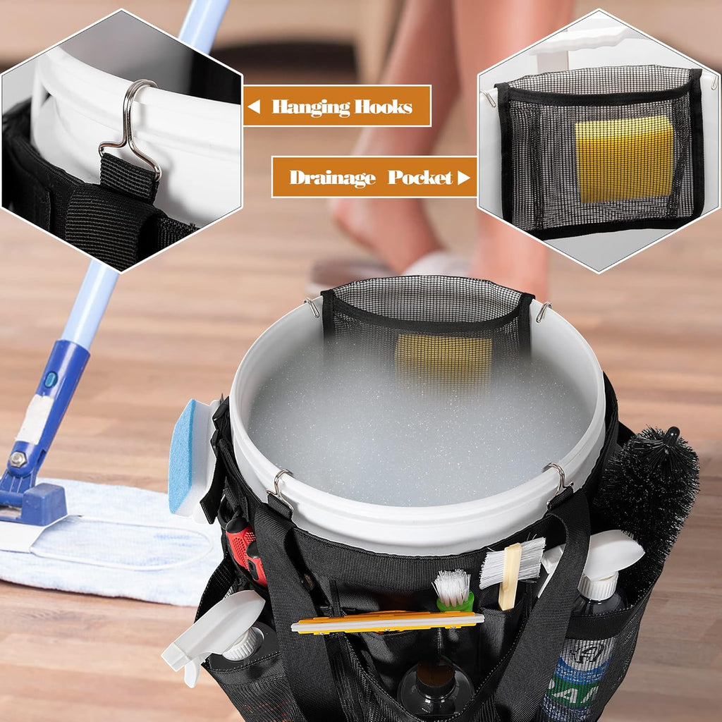 5 Gallon Bucket Organizer with Anti-fall Hooks & Buckle, Car Wash Bucket Caddy with Mesh Pockets, 5 Gallon Cleaning