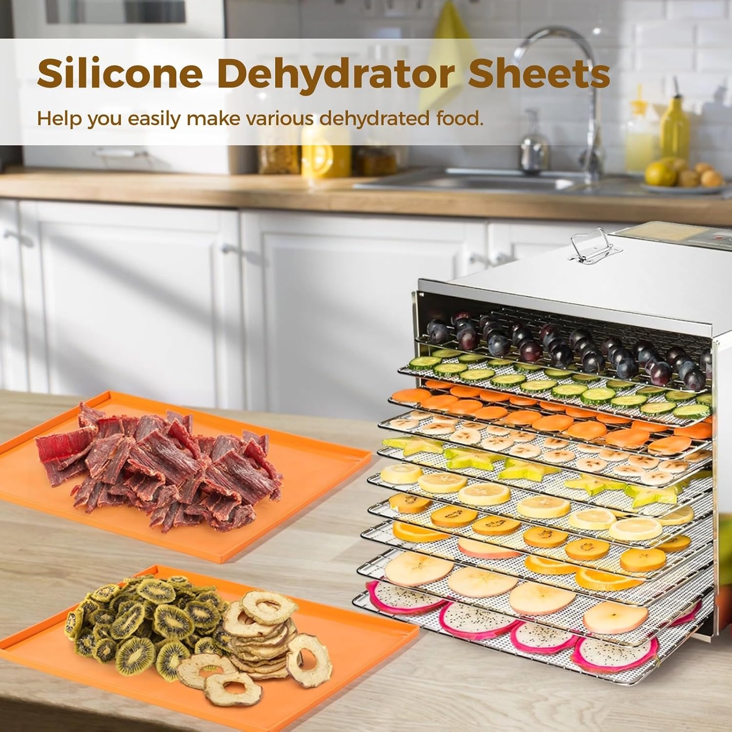 18 Pcs Silicone Dehydrator Sheets, Including 8 Packs DehydrationMats with Edges & 10 Pcs Mesh Sheets, Nonstick