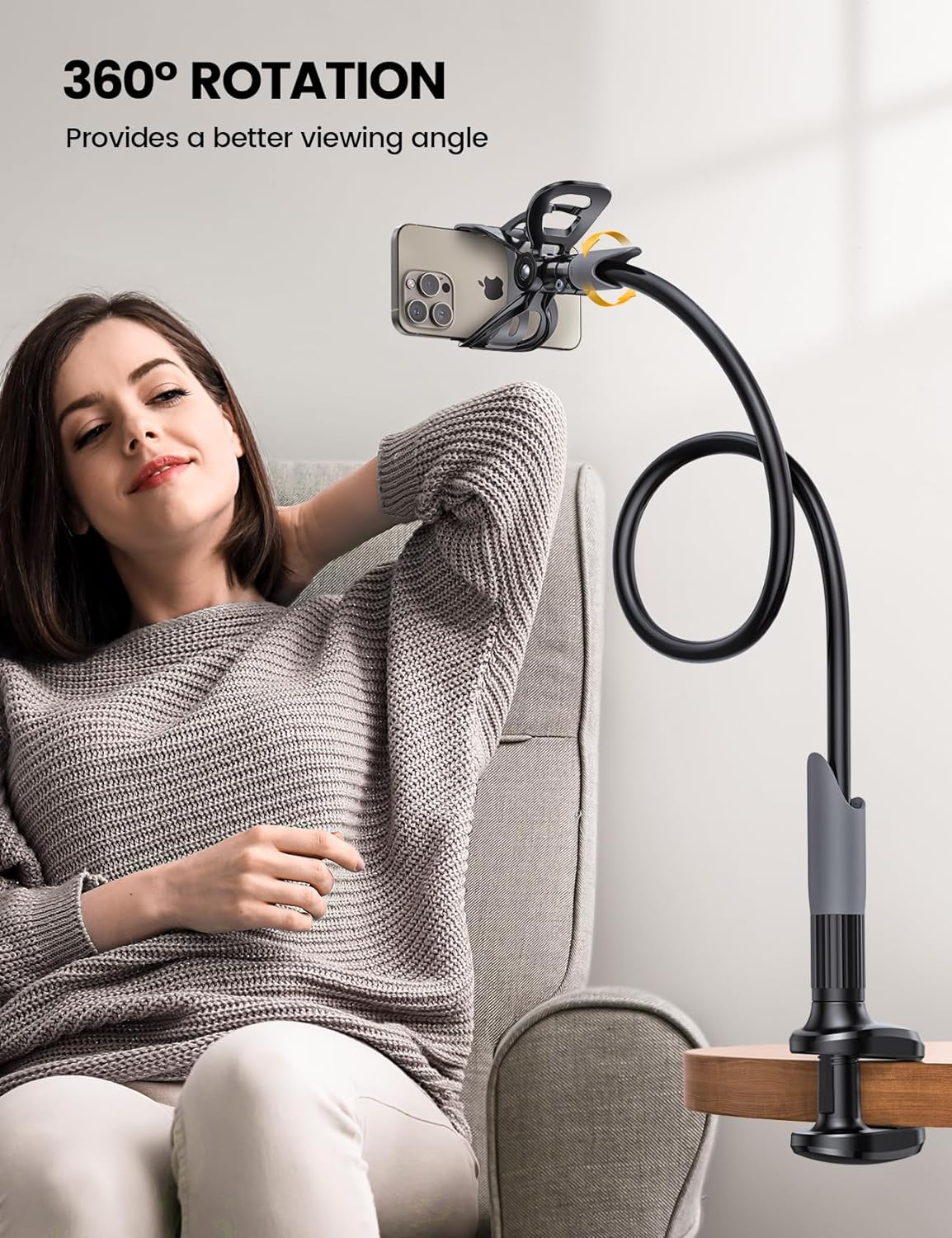 Gooseneck Phone Holder for Bed - Cell Phone Mount Clamp Clip, Flexible Long Arm, Overhead Mount for Desk Headboard