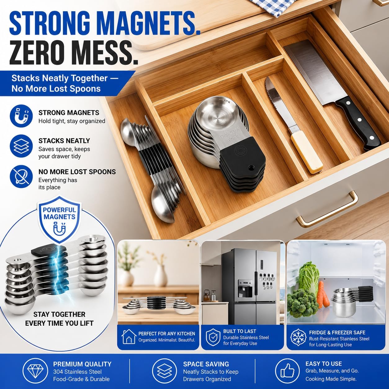 Magnetic Measuring Cups and Spoons Set, Strong N52 Magnets, Heavy Duty 304 Stainless Steel Fits in Spice Jars for
