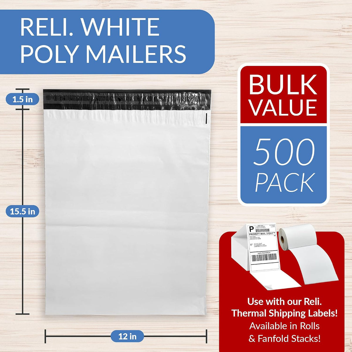 Poly Mailers 12x15.5 | 500 Pcs Bulk Shipping Envelopes