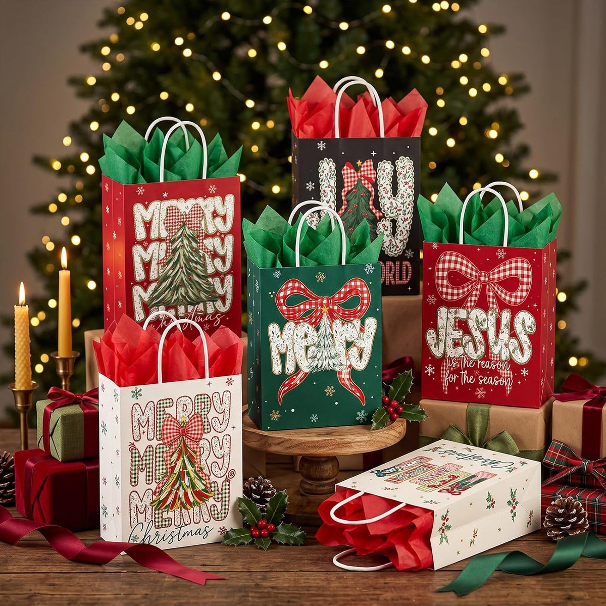 24 Pcs Christmas Gift Bags with Tissue Paper,Classic