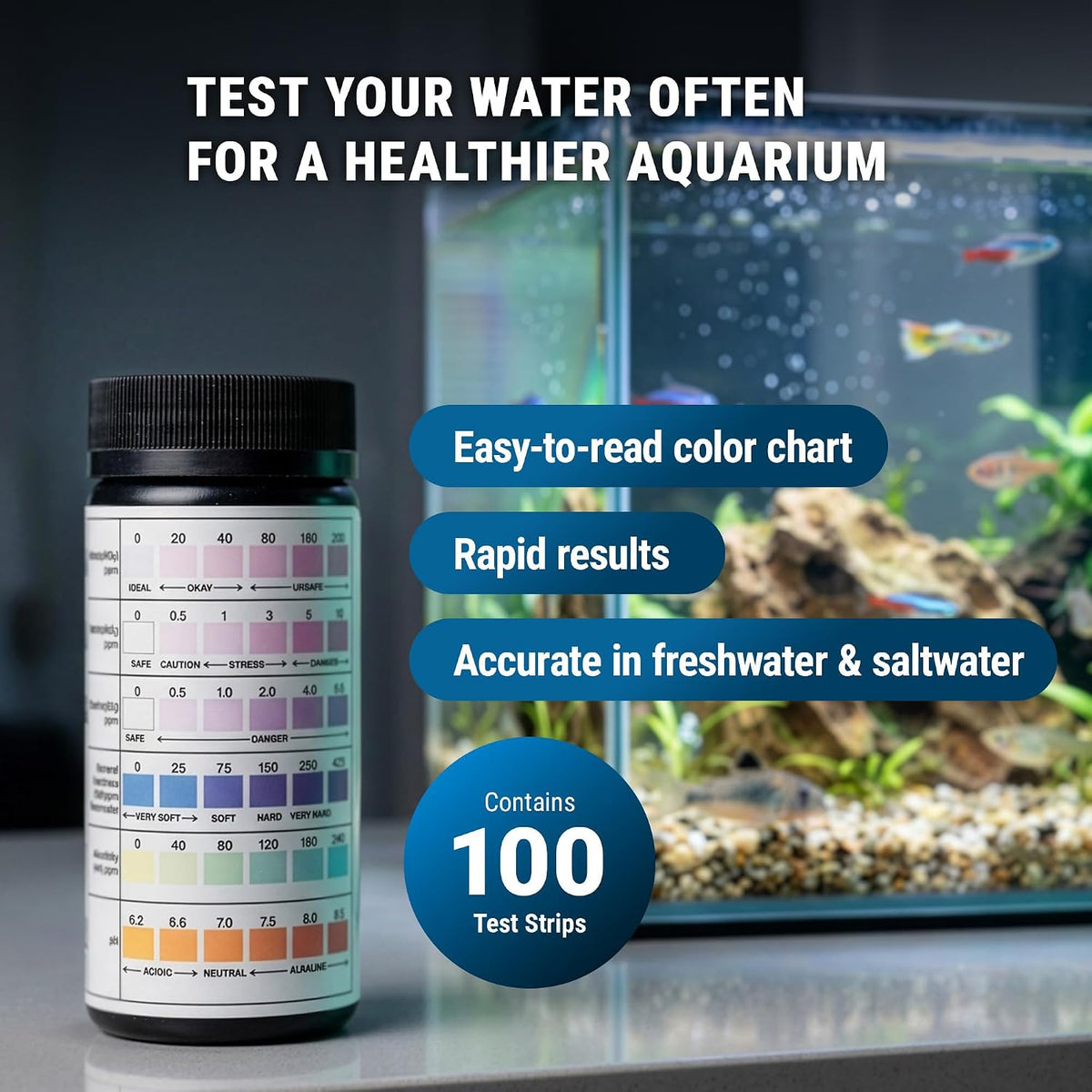 Fritz 6 in 1 Aquarium Test Strips - Monitor Nitrates, Nitrites, Water Hardness, Chlorine, Alkalinity and pH Level
