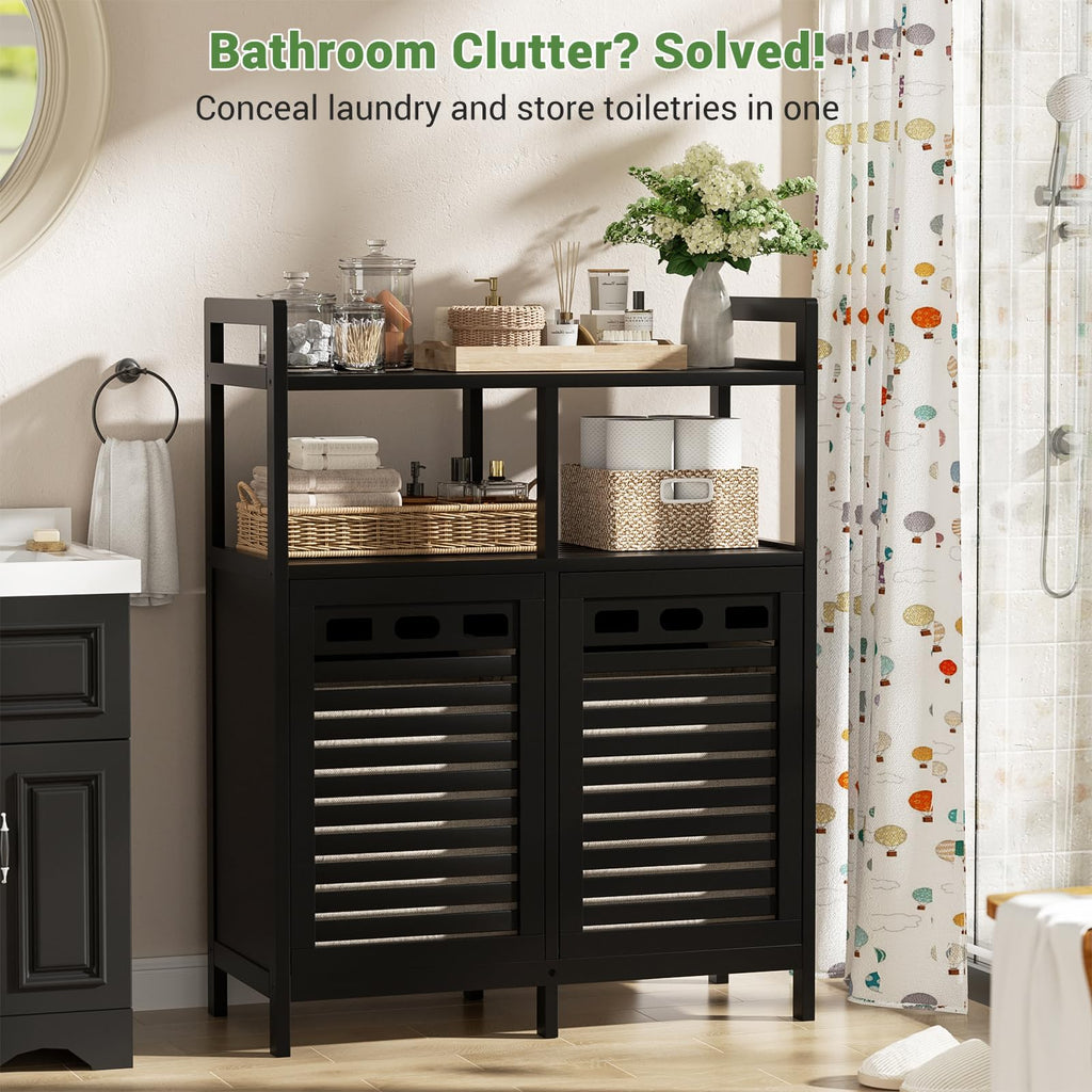 Bamboo Double Tilt Out Laundry Hamper Cabinet with 2 Bags, Black