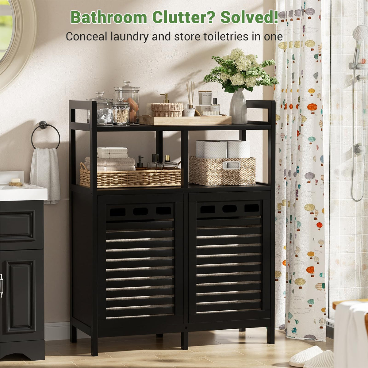 Bamboo Double Tilt Out Laundry Hamper Cabinet with 2 Bags, Black