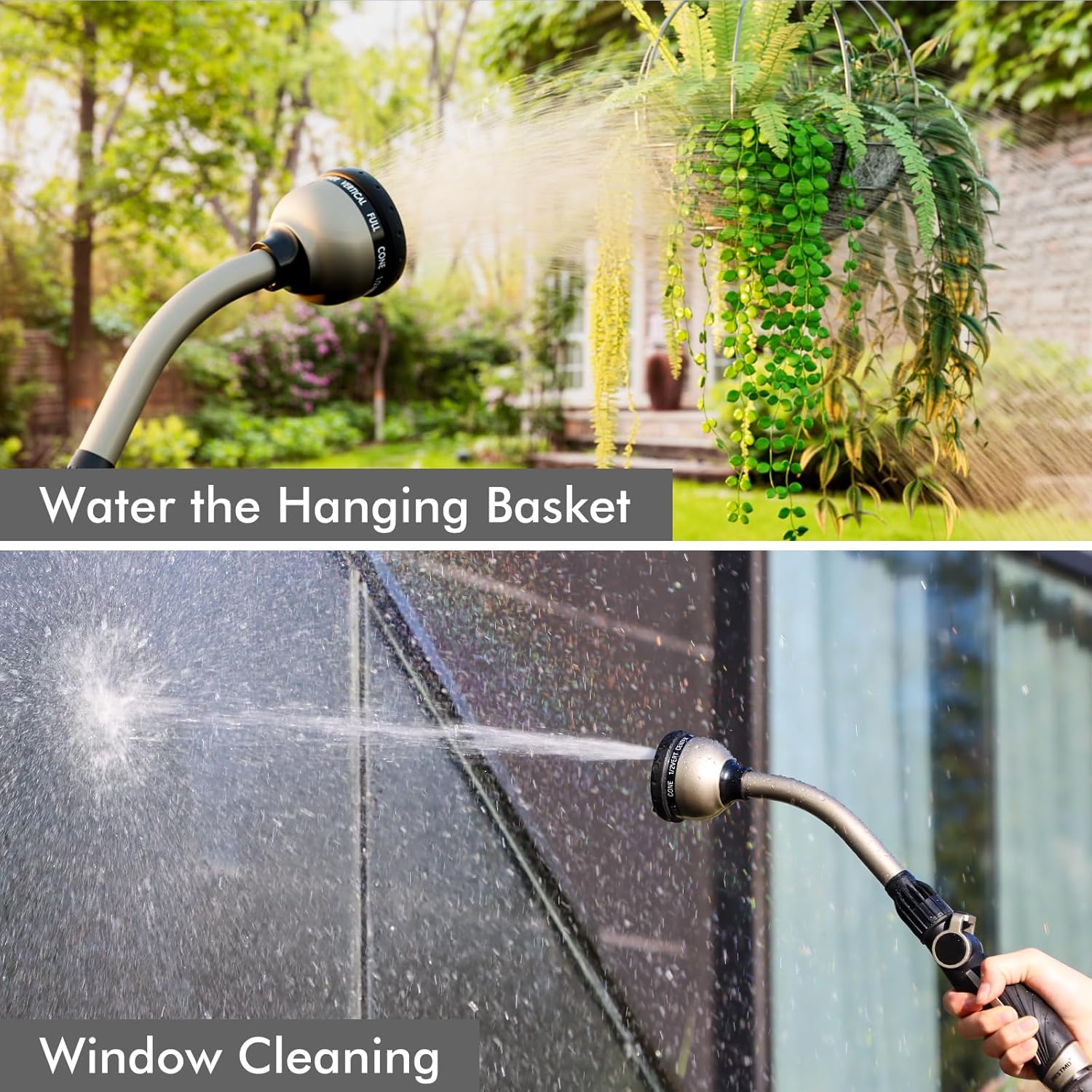 Watering Wand Heavy Duty, Metal Garden Hose Wand with 10 Spray Patterns, 15-Inch Long Hose Nozzle Sprayer with Thumb