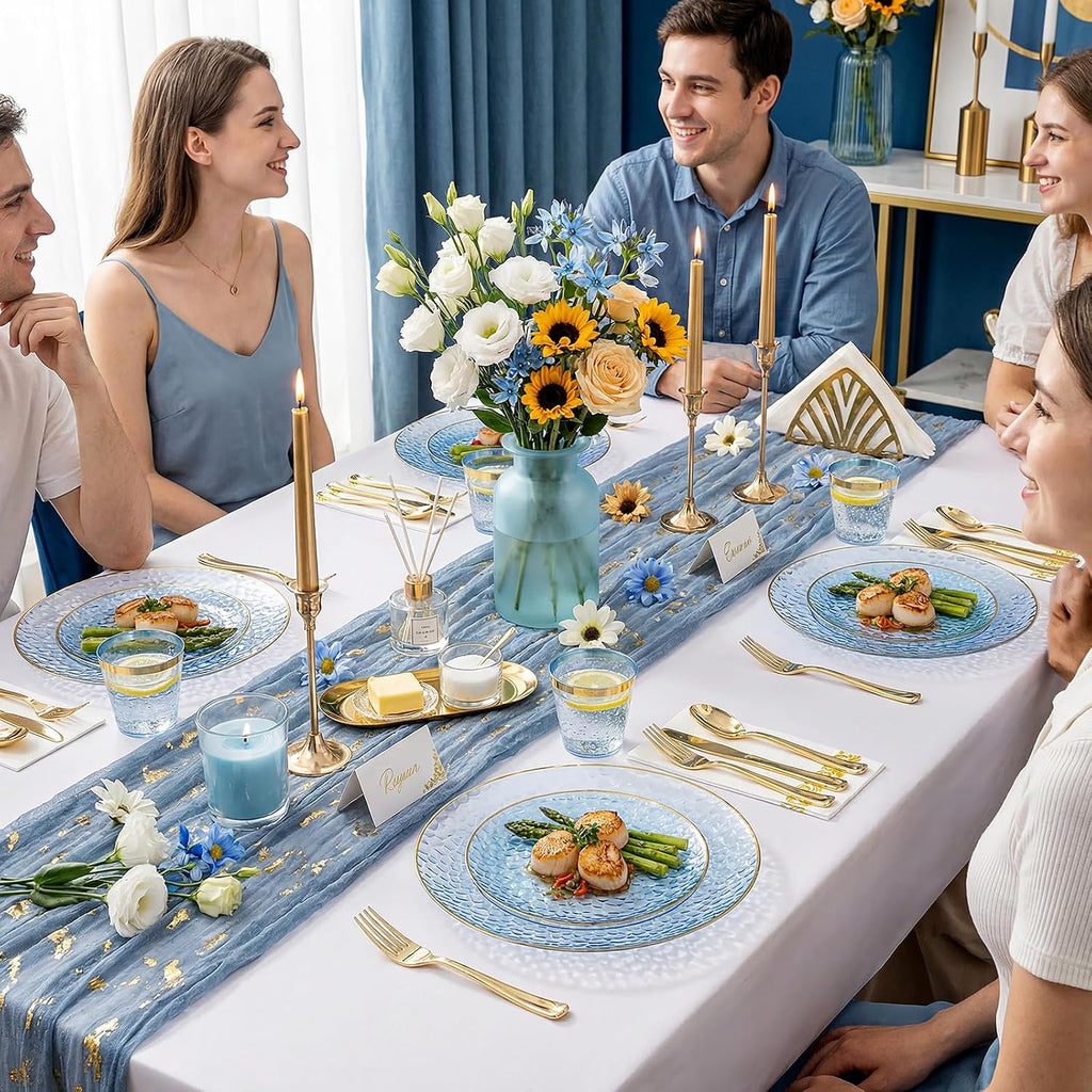 350 Pcs Clear Blue Plastic Plates, Blue Gold Plastic Dinnerware Set (50 Guests), Blue Disposable Plates With Gold
