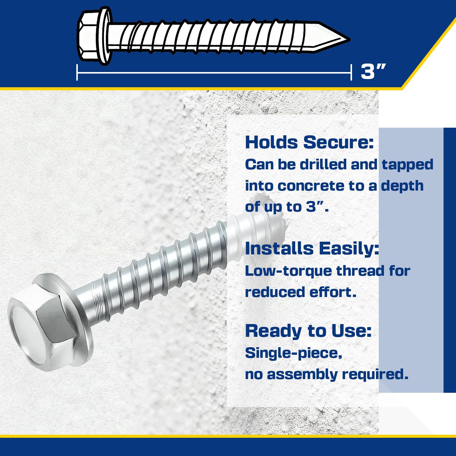 3/8" x 3" Large Diameter Concrete Screw 25 Pack - Heavy Duty Concrete Anchors, Masonry Screws for Brick, Block, Wood