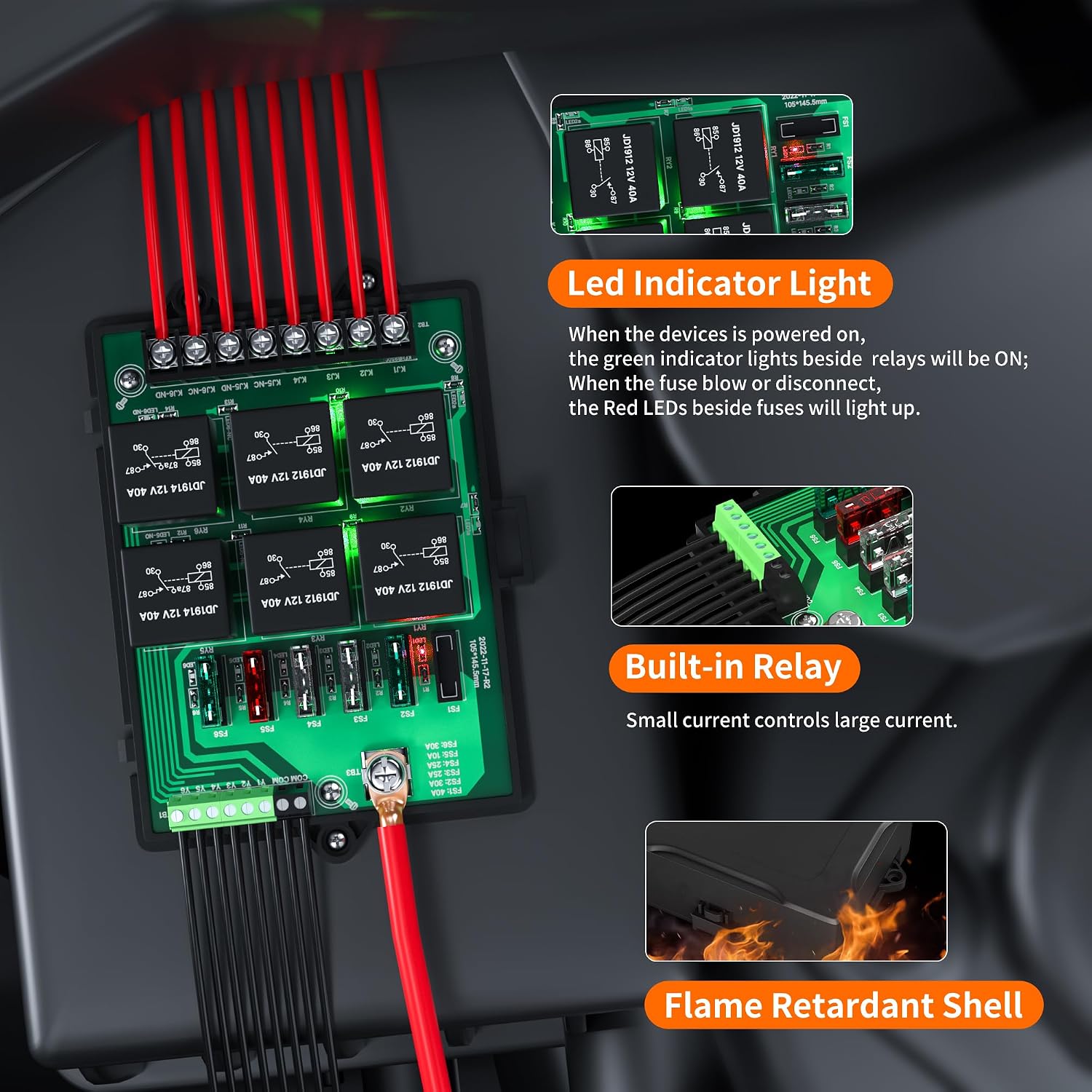 Relay Box Fuse Relay Box 12V Automotive Universal Fuse Panel with 6 Way Relays and 14 x ATC/ATO Blade Fuses 12 Volt